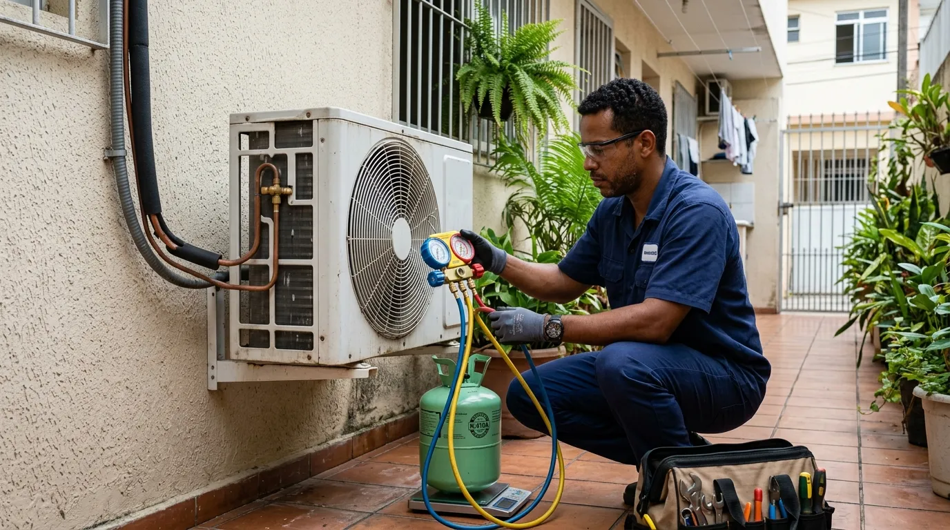 Técnico realizando carga de gás refrigerante em ar condicionado em Praia Grande-SP em Praia Grande-SP