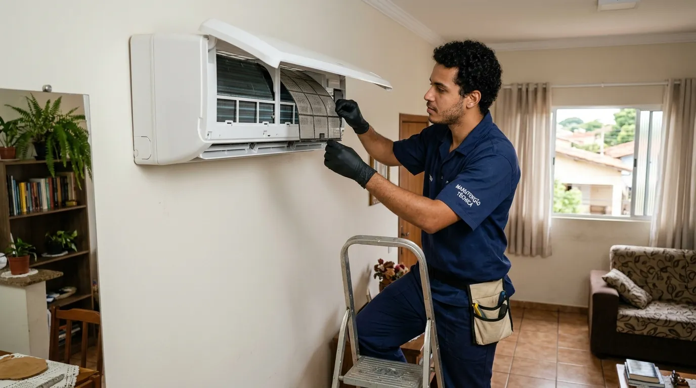 Técnico realizando manutenção preventiva em ar condicionado em Praia Grande-SP em Praia Grande-SP